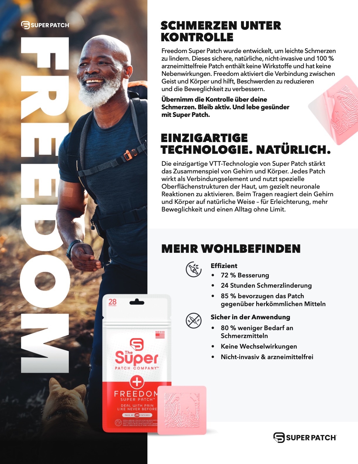 Super Patch – FREEDOM <br>30 Pflaster – DE – CH Super Patch FREEDOM - Schmerzlinderung natuerlich - Flyer - NaturoCall.ch - Schweiz