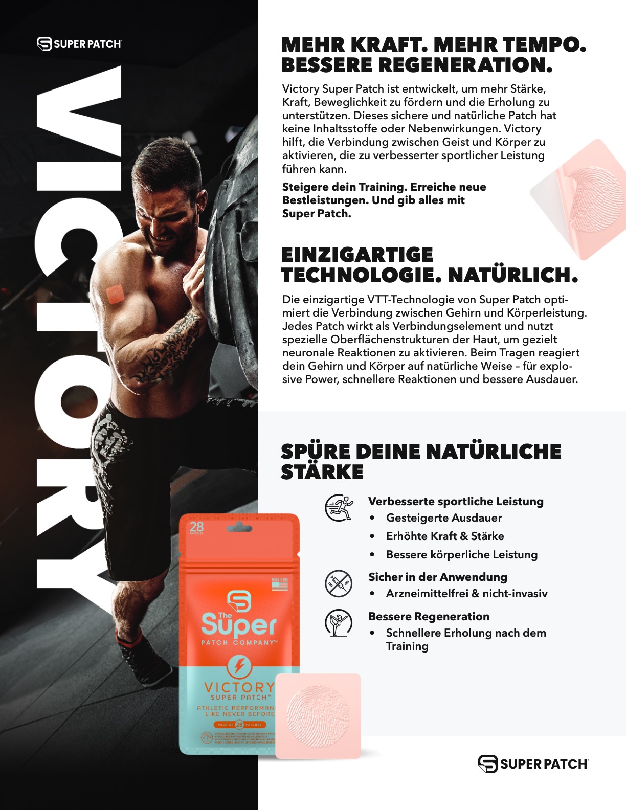 Super Patch – VICTORY <br>30 Pflaster – DE – CH Super Patch VICTORY - Sportliche Leistung Kraft Erholung - Flyer - NaturoCall.ch - Schweiz